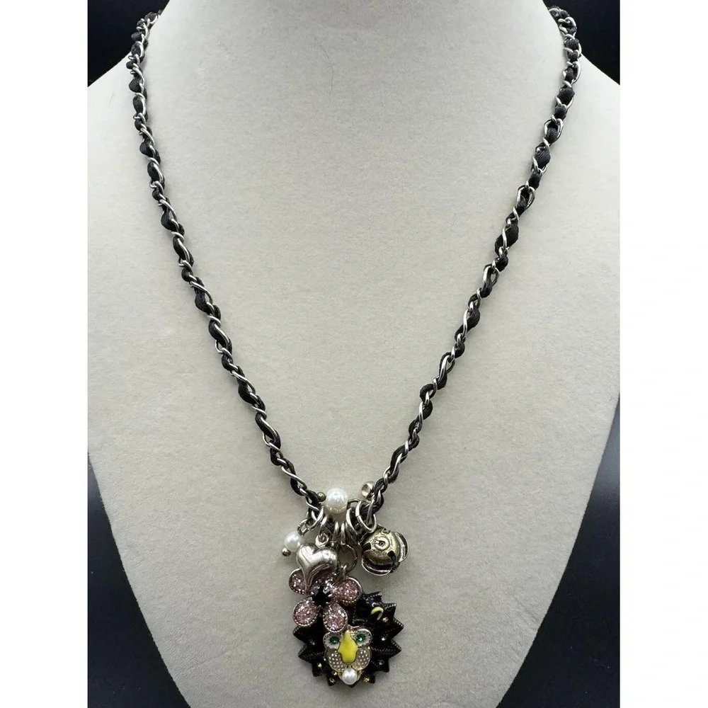 Betsey Johnson Lion Rhinestone Pearl Floral Silver‎ Tone Woven Necklace 15-18